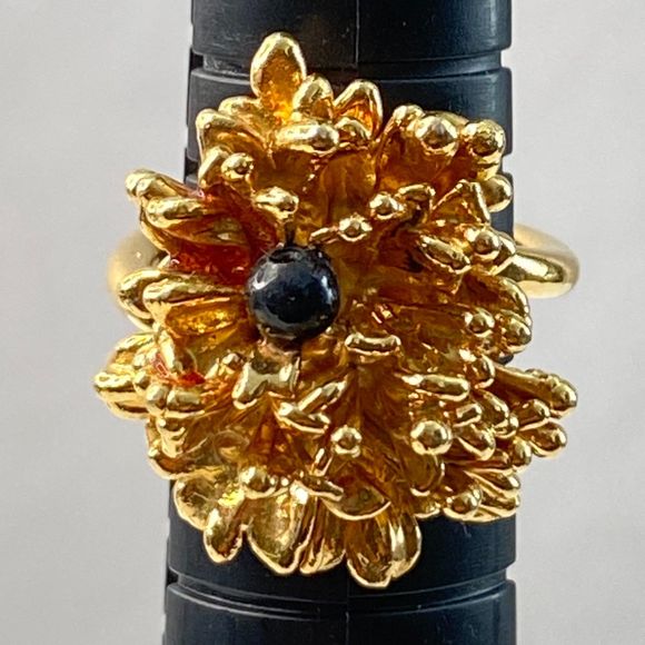 Gold Tone Brutalist Ring With Tiny Single Black Olive Stone Adjustable - Picture 3 of 9